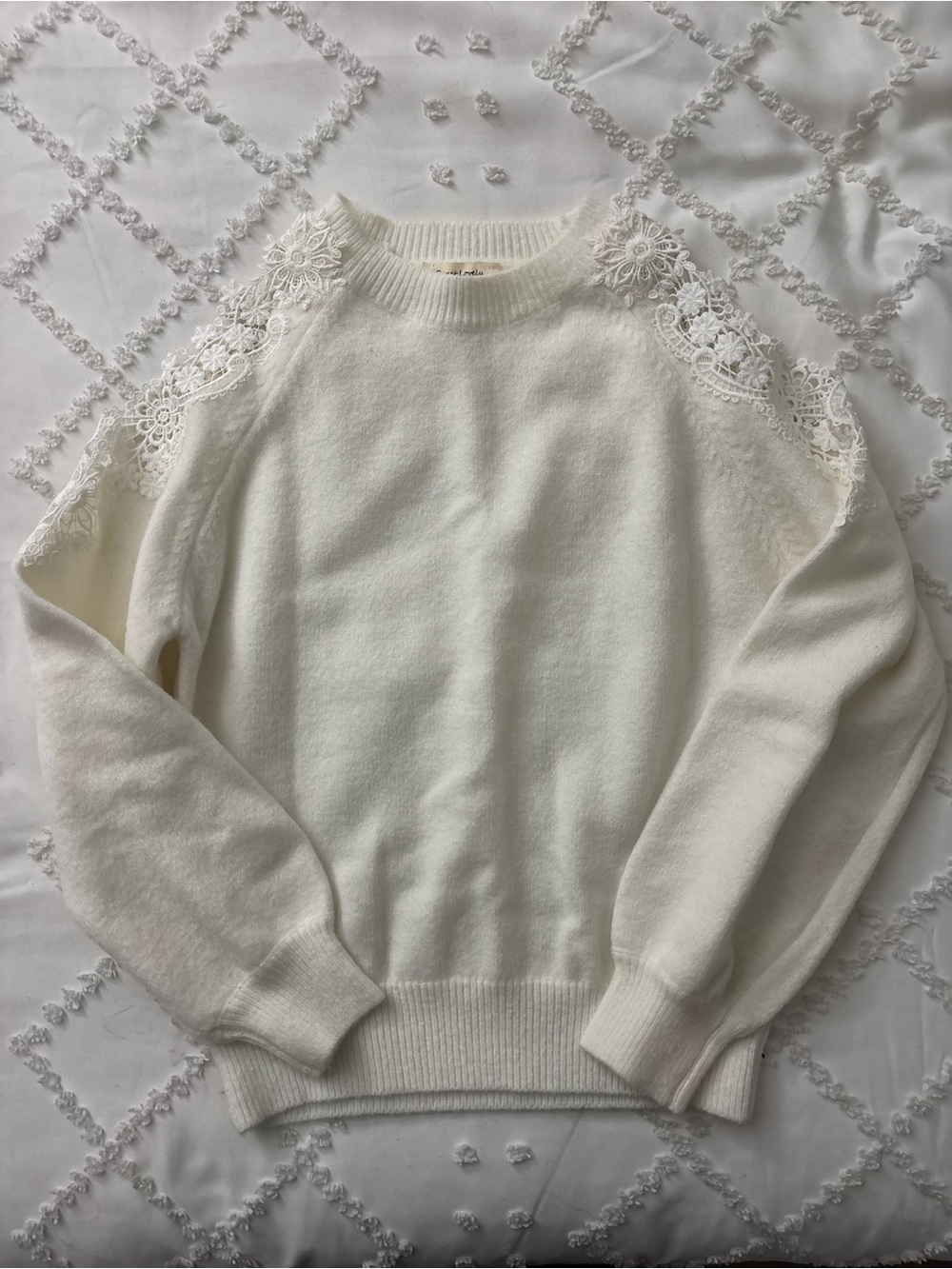 Lace-Accent White Crewneck Sweater